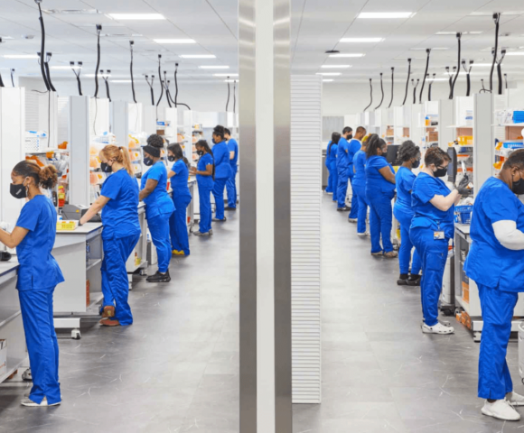 Line of pharmaceutical workers